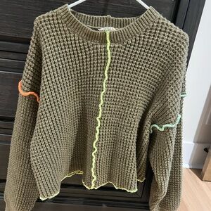 Olive Knit Sweater with Neon Details